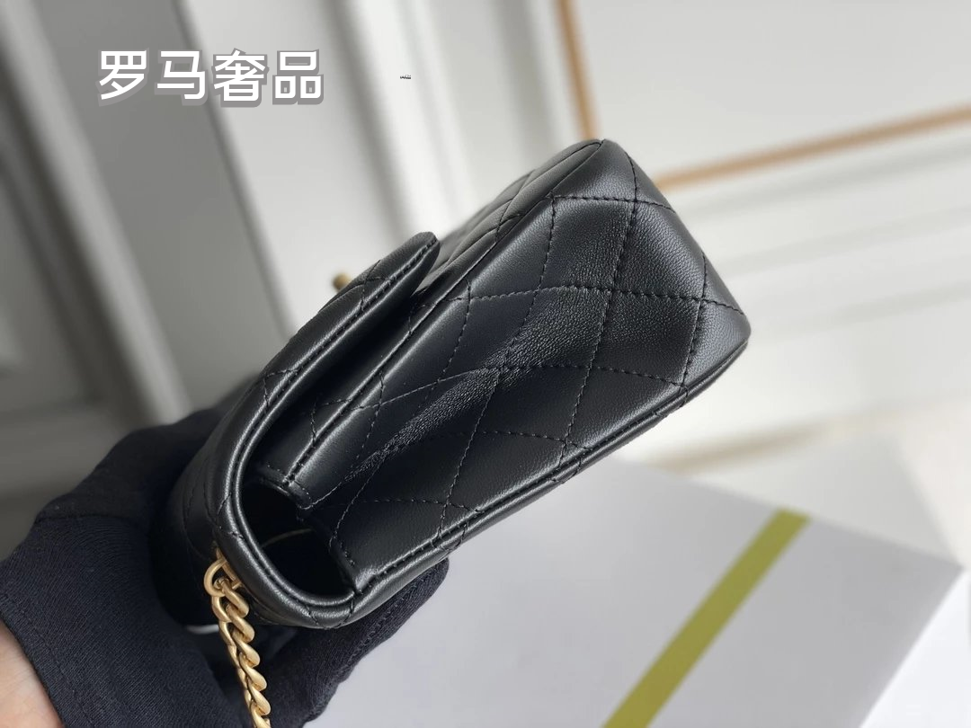 Black Quilted Leather Mini Flap Bag with Gold-Tone Chain and Camellia Charm