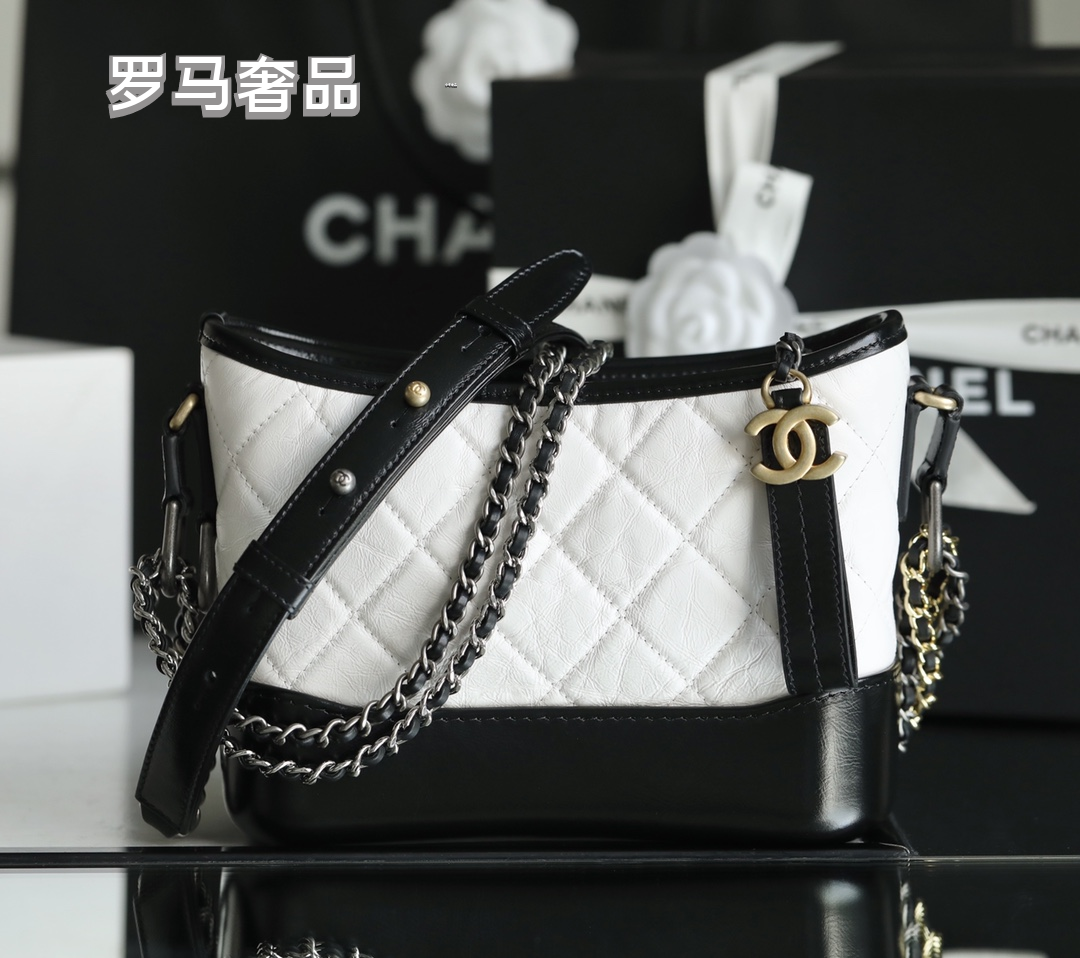 Chanel Small Gabrielle Hobo Bag - White &amp; Black Quilted Aged Calfskin