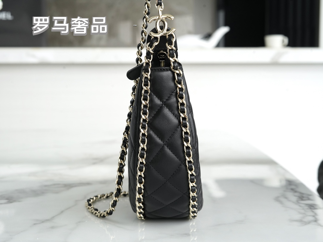 Luxury Black Quilted Leather Mini Hobo Bag with Gold-Tone Chain Strap