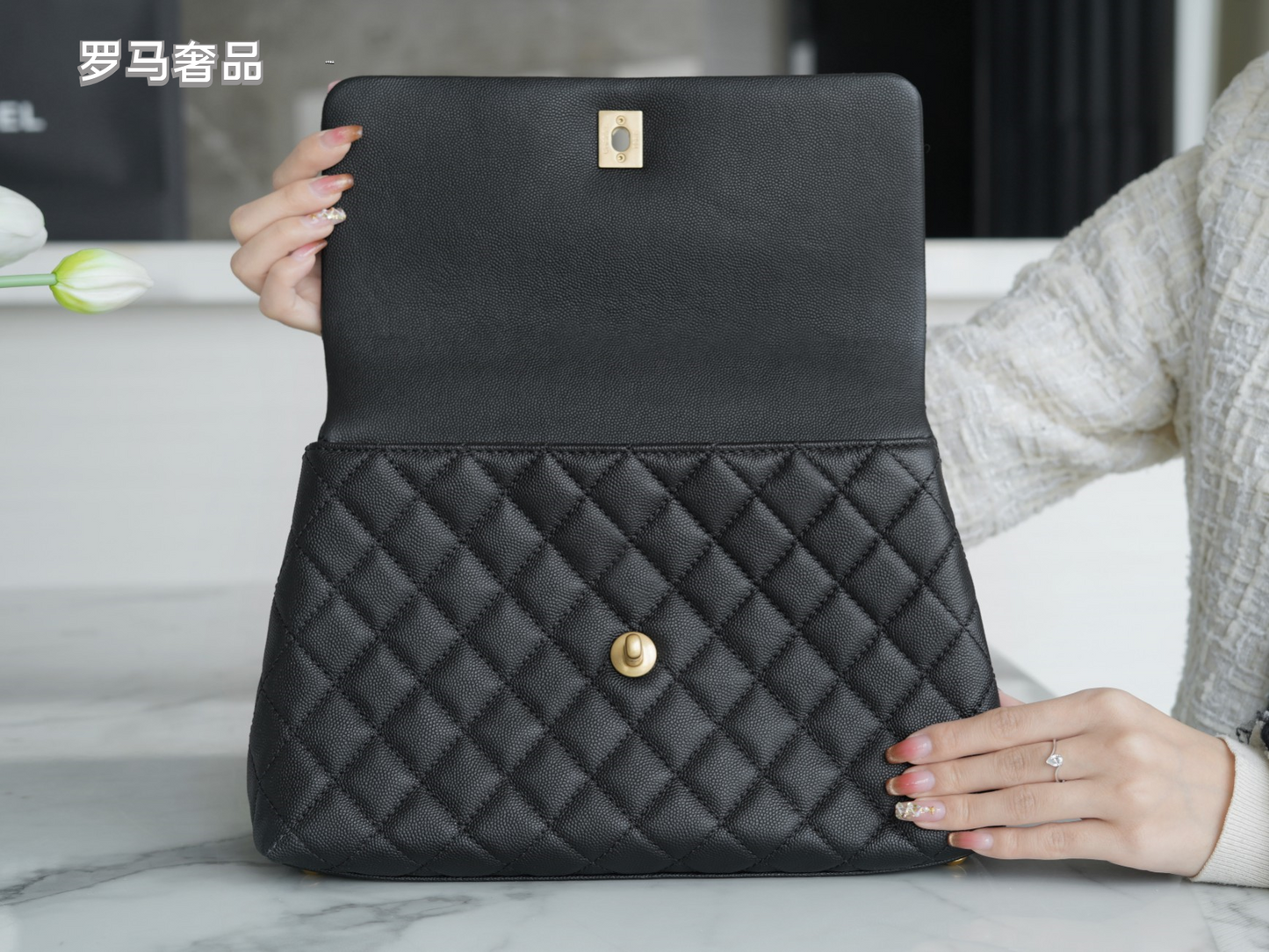 Chanel Medium Coco Handle Bag Black Quilted Caviar Leather Gold Hardware