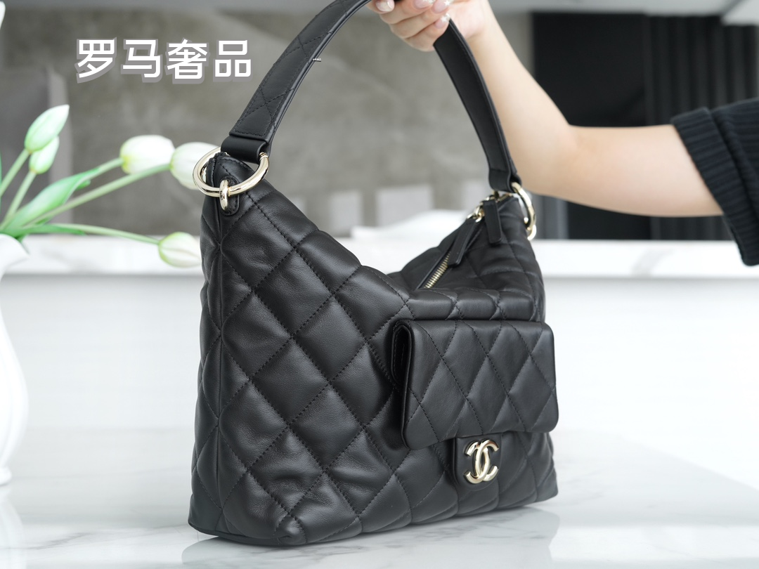 Chanel Black Quilted Lambskin Leather Hobo Bag with Front CC Logo Pocket