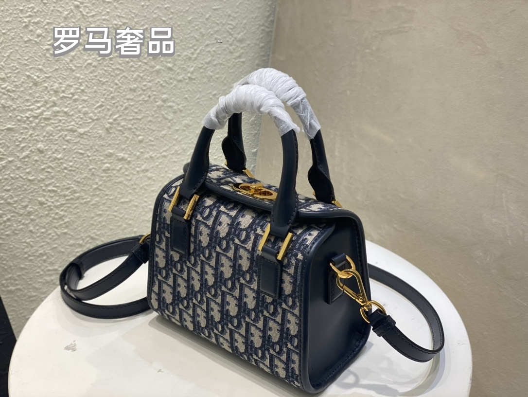 Christian Dior Blue Oblique Canvas Small Top Handle Bag