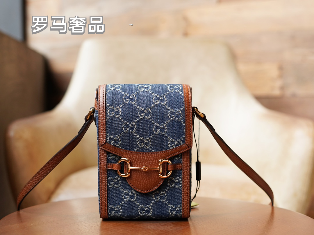 Gucci Horsebit 1955 Mini Shoulder Bag Blue GG Denim with Brown Leather Trim