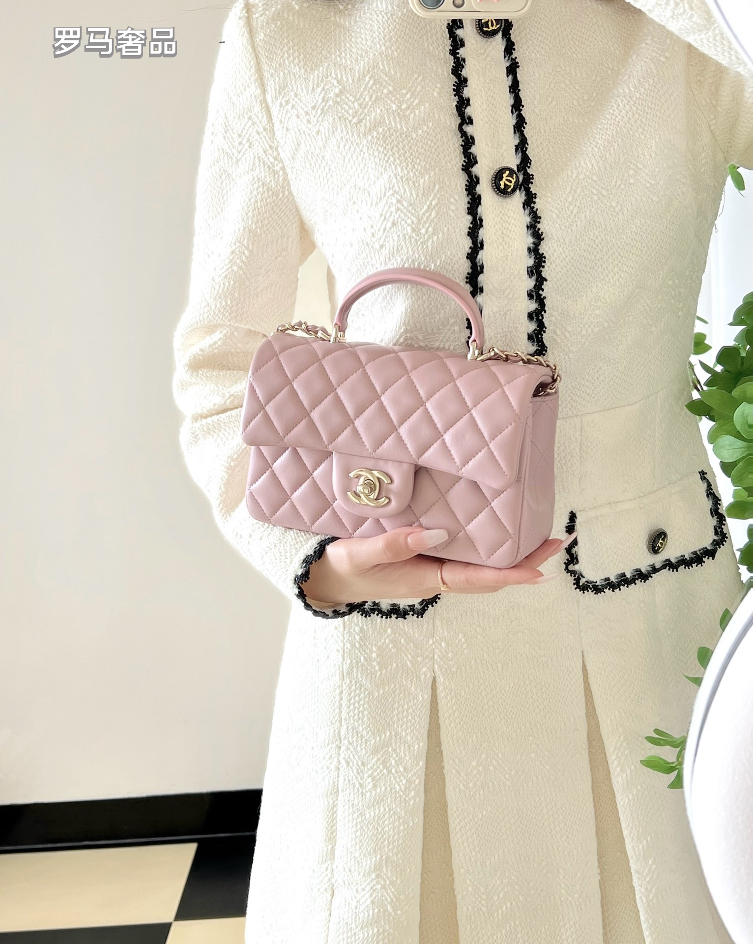 Chanel Mini Top Handle Flap Bag - Light Pink Quilted Lambskin Leather