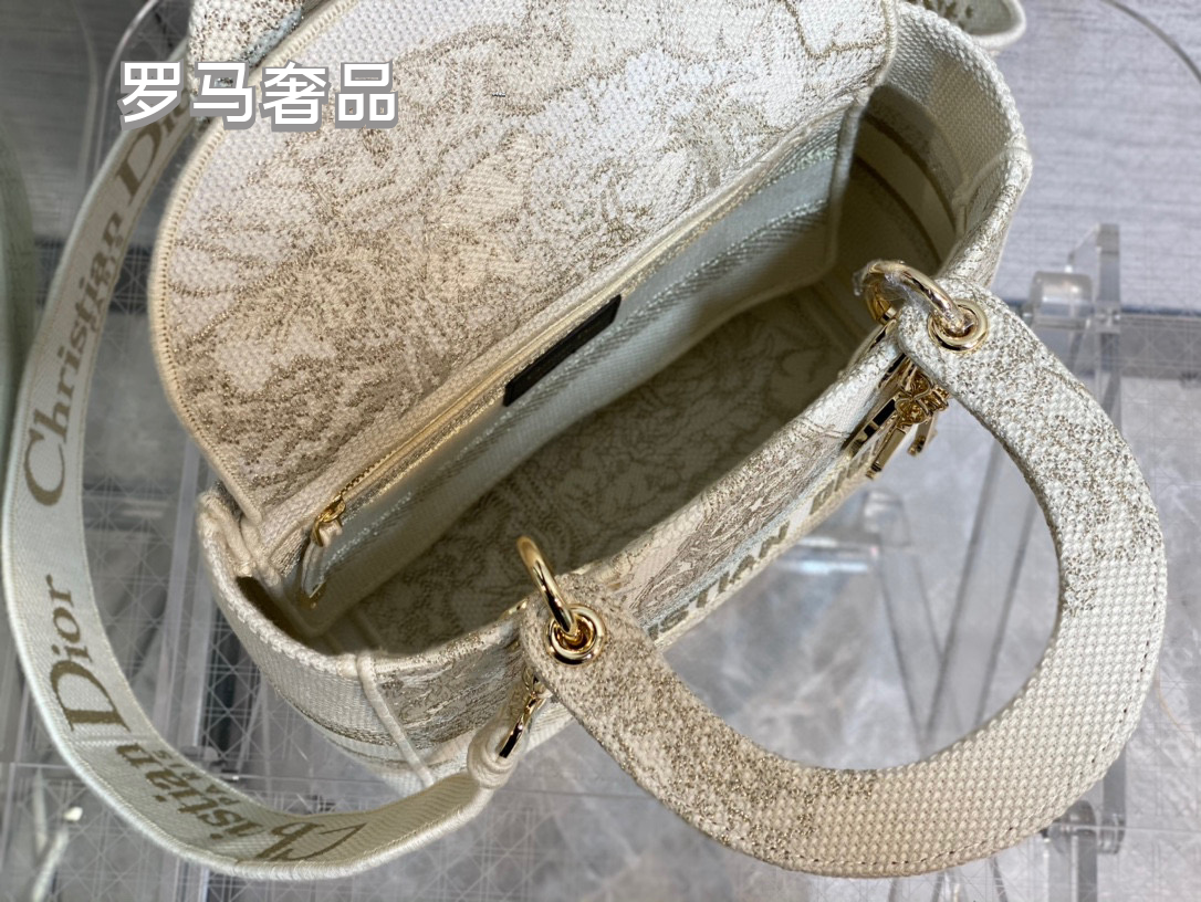 Christian Dior Lady D-Lite Medium Handbag - White and Gold-Tone Embroidered Canvas