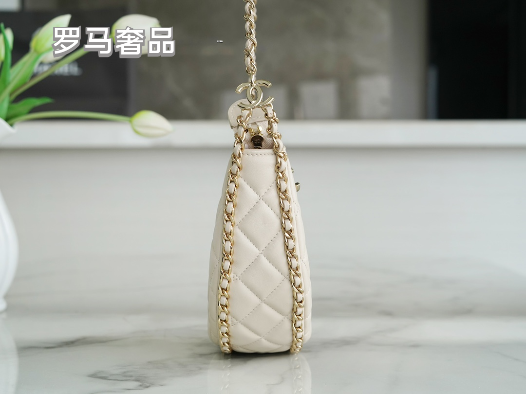 Chanel Style Small Quilted Crescent Hobo Bag in Beige with Gold-Tone Chain