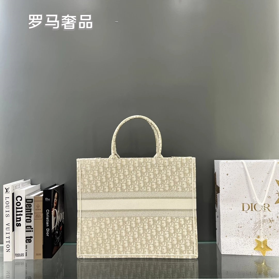 Christian Dior Book Tote Bag - Cream Oblique Embroidery Canvas Luxury Handbag