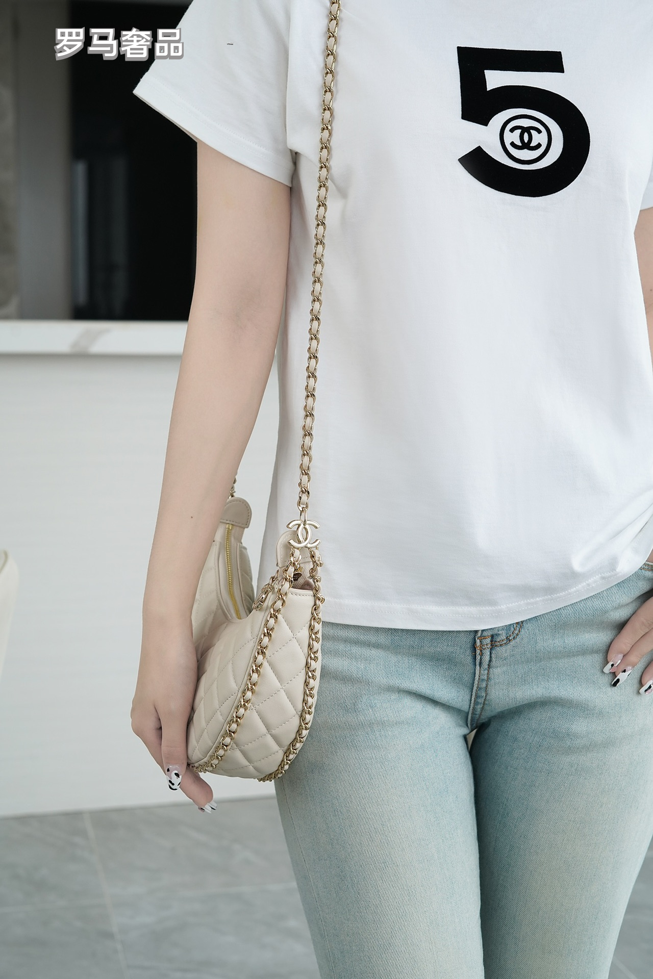 Chanel Style Small Quilted Crescent Hobo Bag in Beige with Gold-Tone Chain