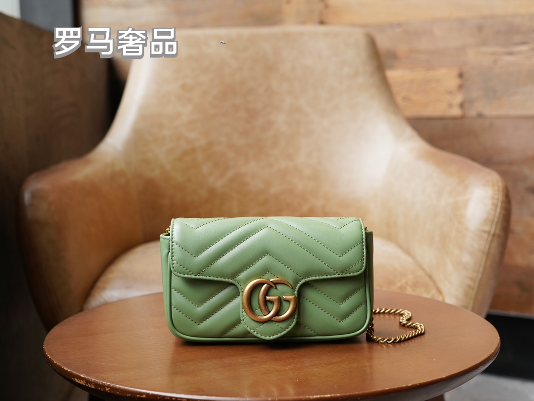 Gucci Sage Green Quilted Chevron Leather Shoulder Bag with Gold Chain