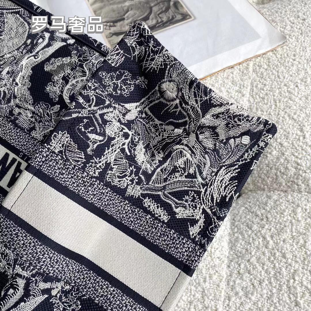 Christian Dior Book Tote Toile de Jouy Embroidery Bag - Black and White
