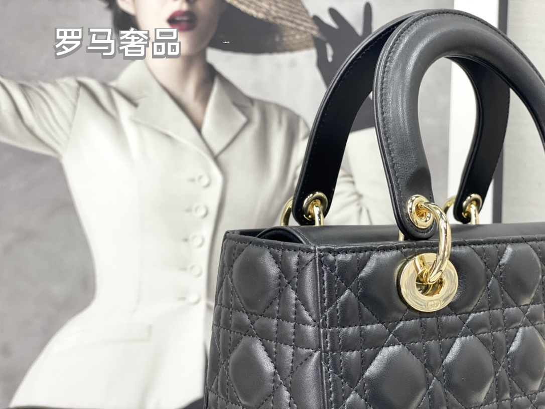 Dior Classic Black Quilted Leather Handbag with Top Handle and Gold Charms