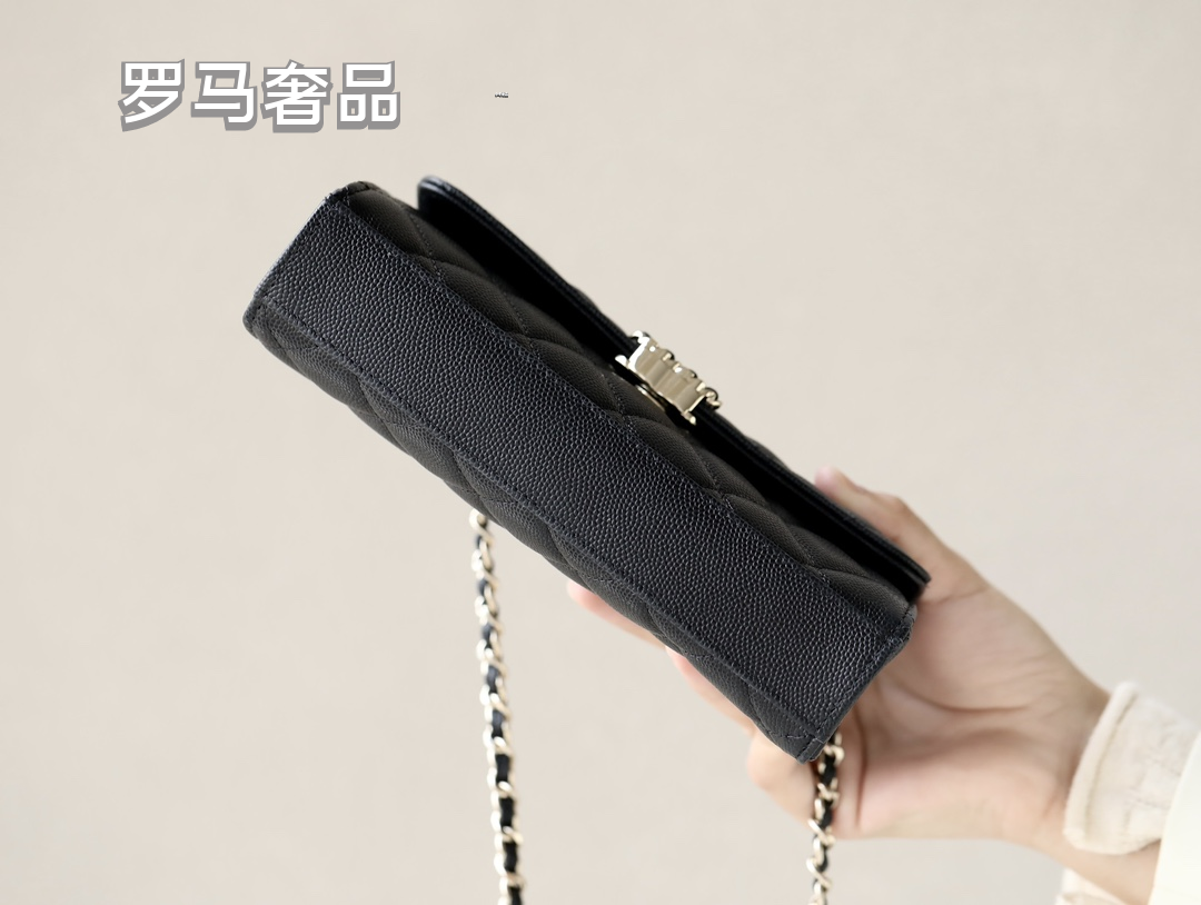 Black Quilted Leather Top Handle Clutch with Chain Shoulder Strap
