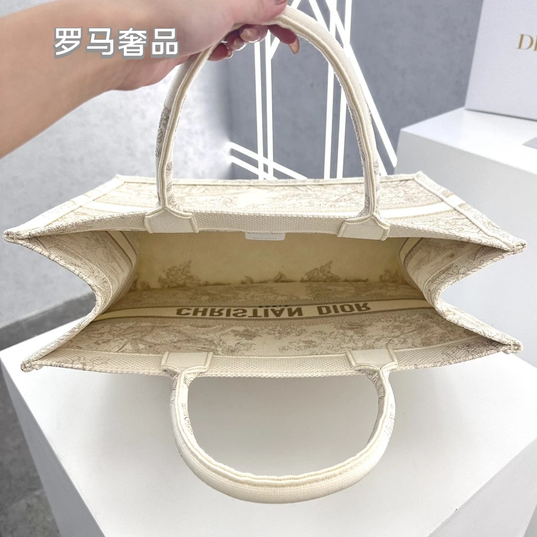Christian Dior Book Tote Toile de Jouy Canvas Bag - Large Beige/Grey