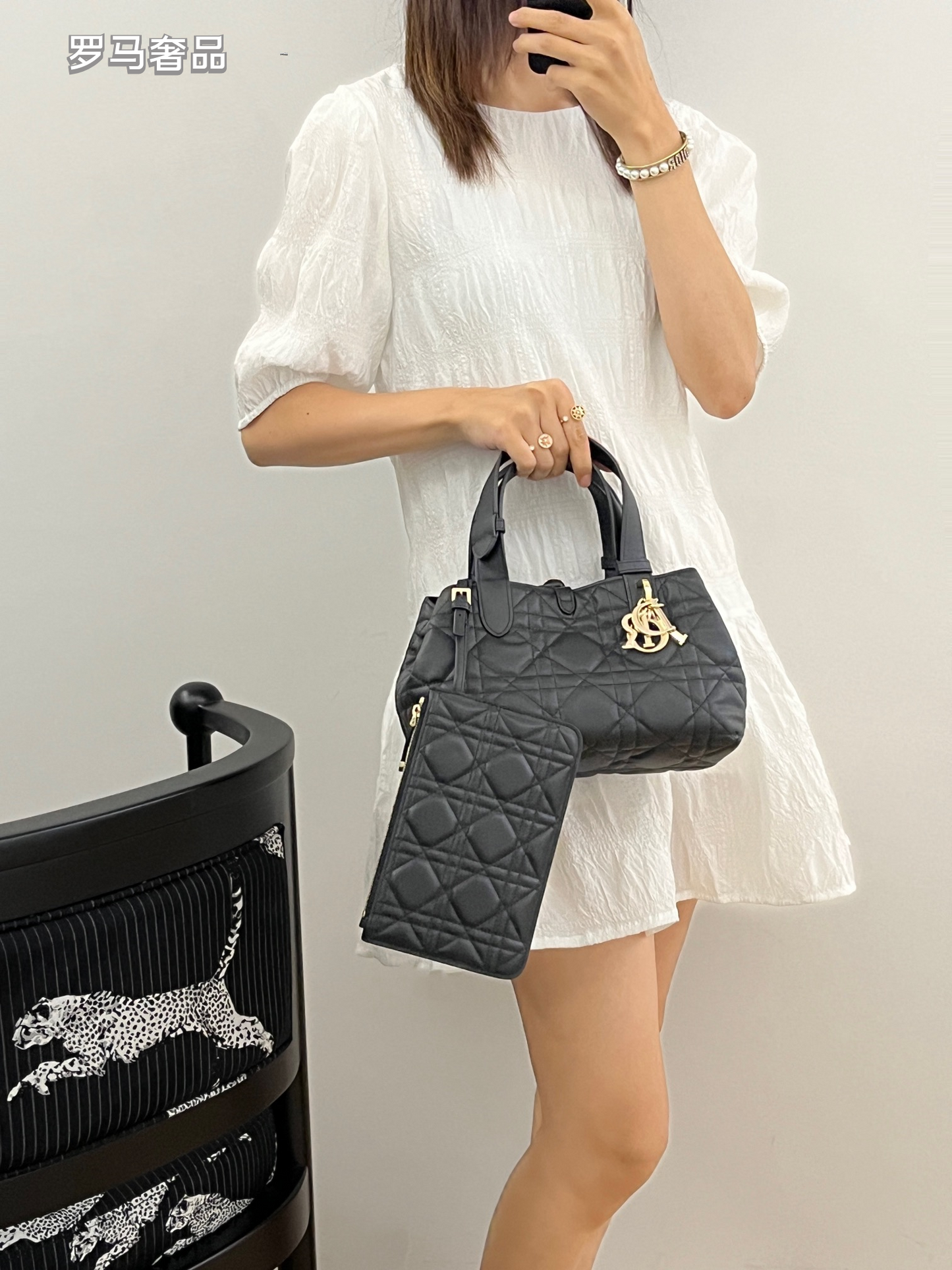 Luxury Black Quilted Macrocannage Handbag with Gold 'DIOR' Charms