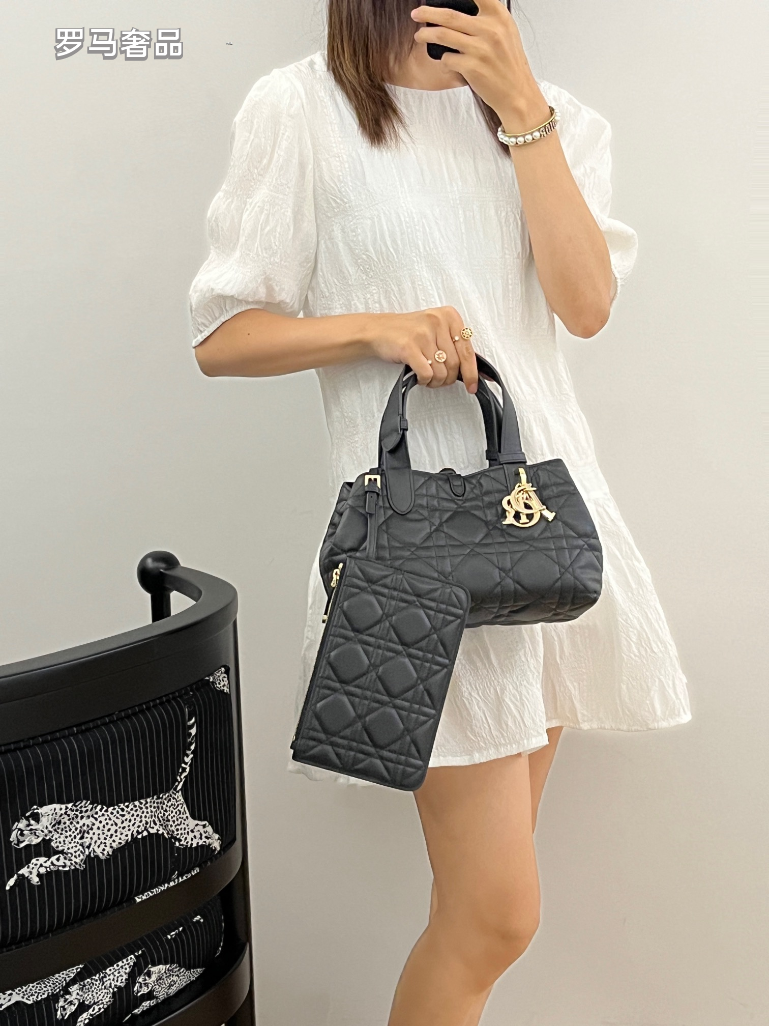 Luxury Black Quilted Macrocannage Handbag with Gold 'DIOR' Charms