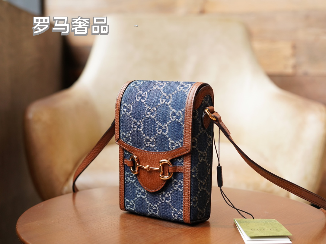 Gucci Horsebit 1955 Mini Shoulder Bag Blue GG Denim with Brown Leather Trim