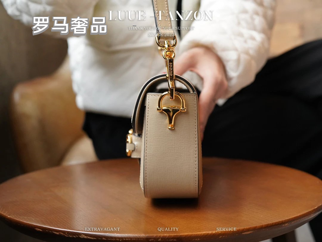 LULU LANZOX Women's Monogram Horsebit Shoulder Bag - Cream/Beige Luxury Crossbody