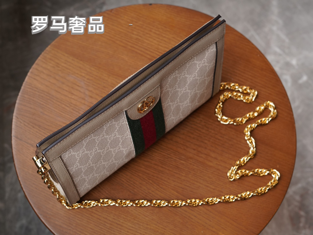 Gucci Classic Monogram Canvas Shoulder Bag with Stripe and Gold Chain