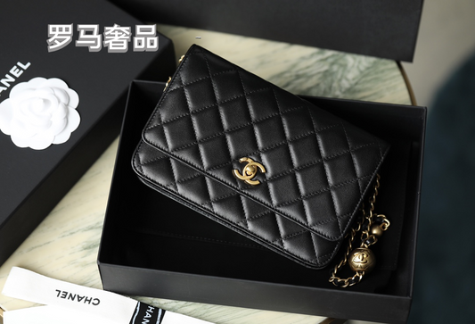 Chanel Quilted Lambskin Pearl Crush Wallet on Chain (WOC) - Black