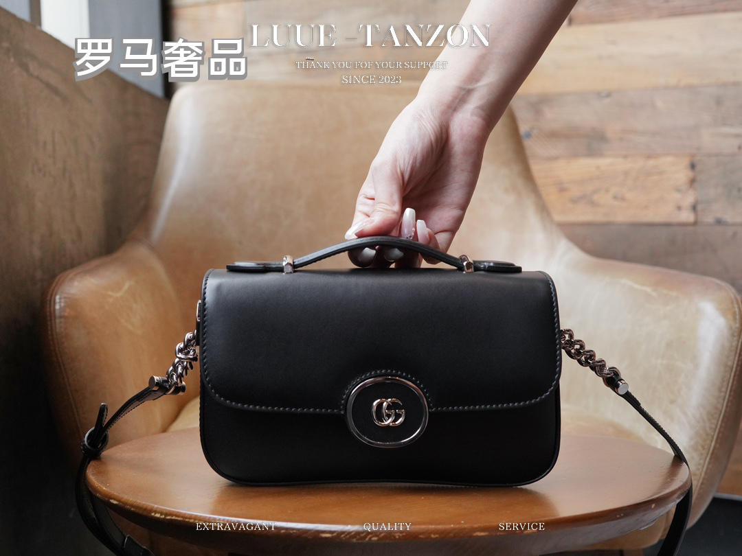 Women's Black Leather Crossbody Shoulder Bag with Silver Round GG Clasp