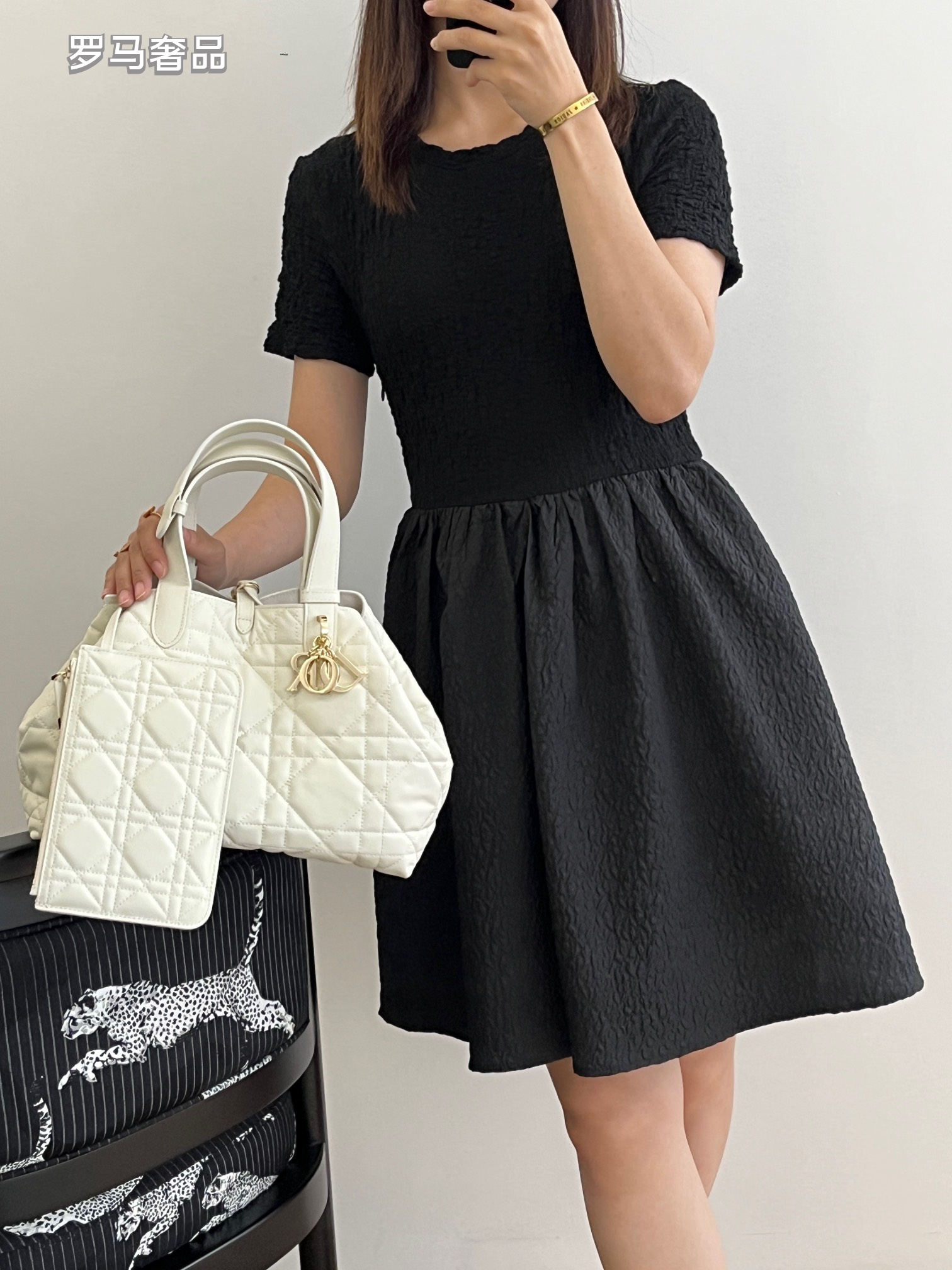 Luxury Black Quilted Macrocannage Handbag with Gold 'DIOR' Charms