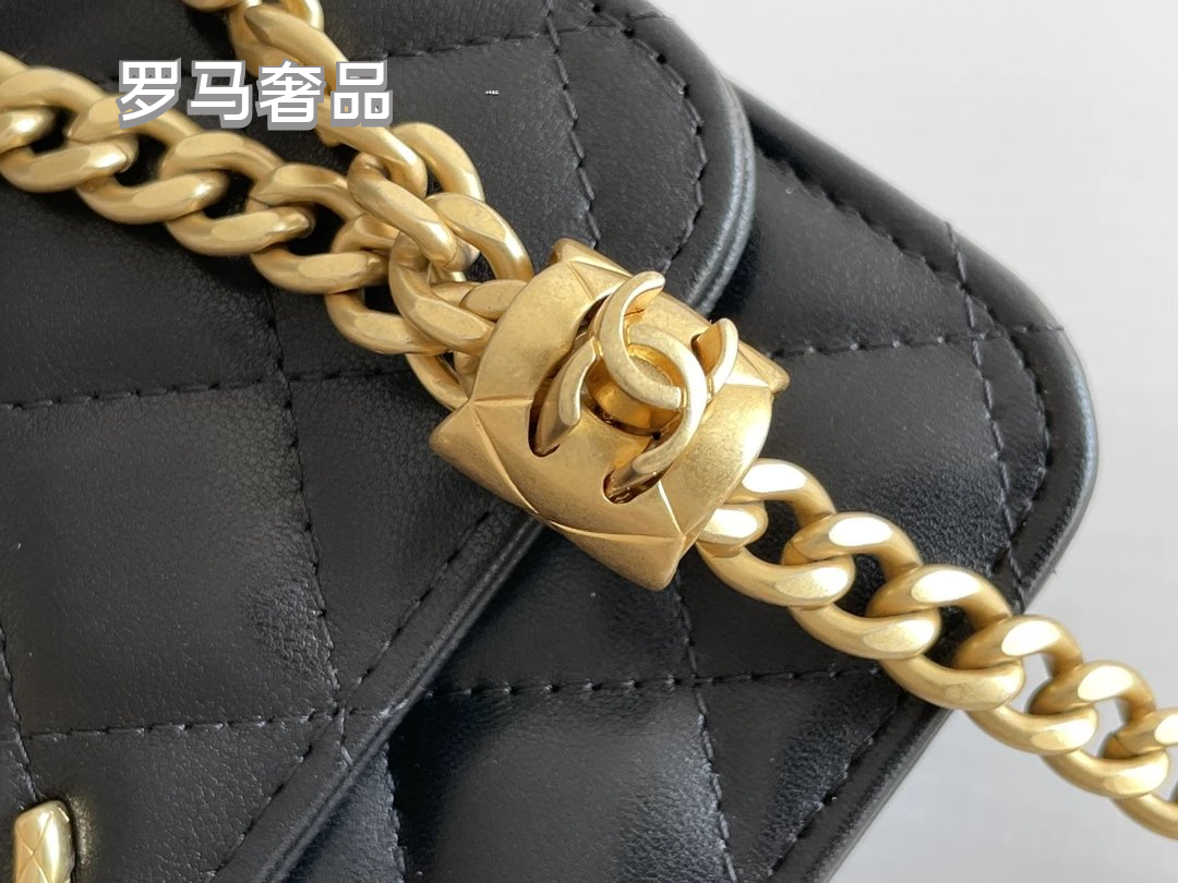 Dark Green Quilted Leather Mini Flap Bag with Gold-Tone Chain and Logo
