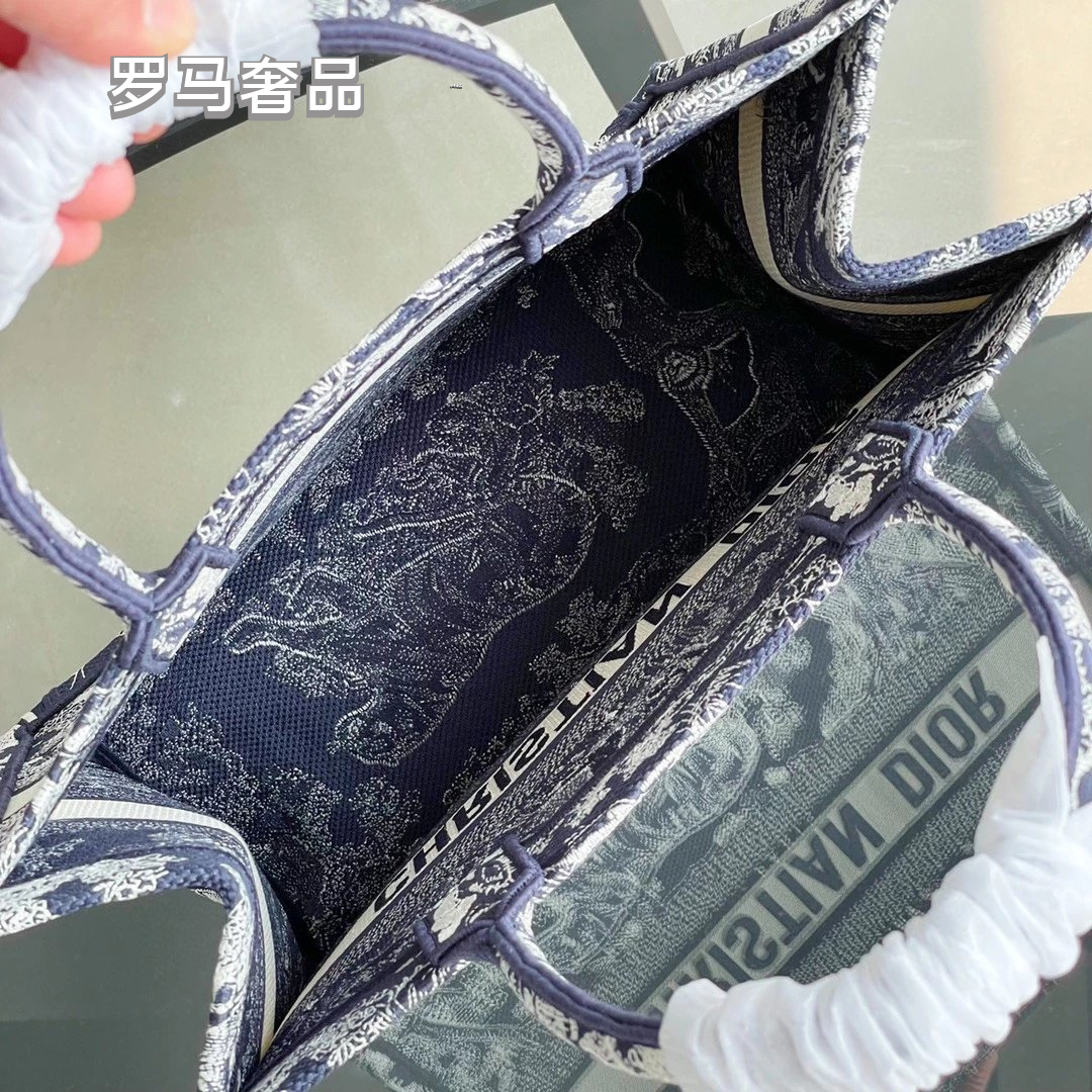 Dior Book Tote Bag Blue Toile de Jouy Embroidery