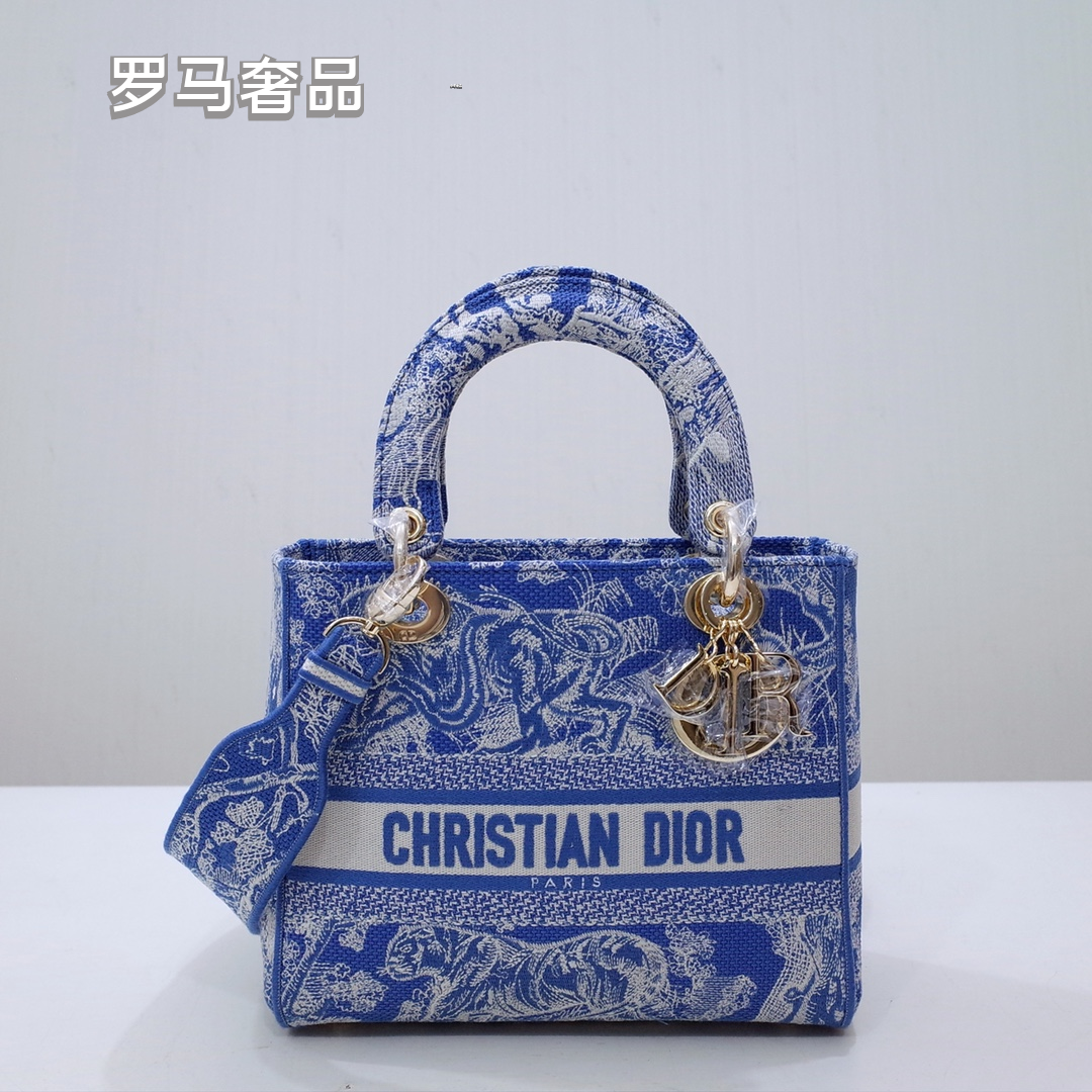Christian Dior Lady D-Lite Medium Handbag - Grey Embroidered Toile de Jouy