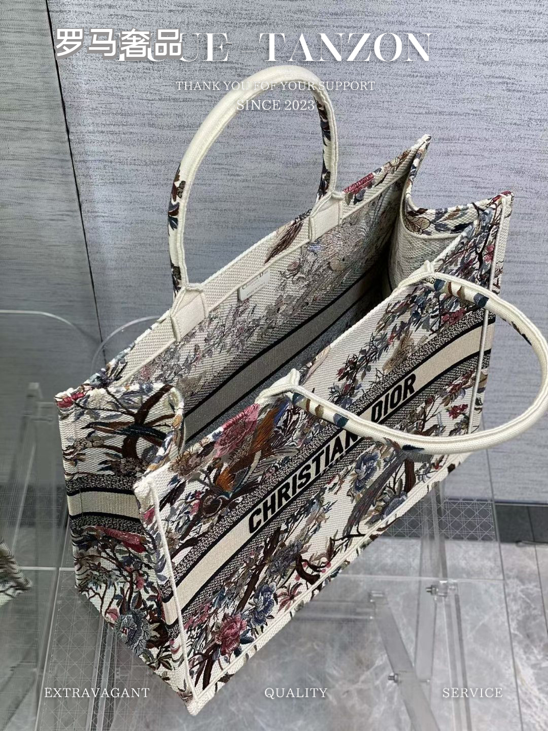 Christian Dior Large Book Tote Bag - White Canvas with Multi-Color Floral and Bird Embroidery