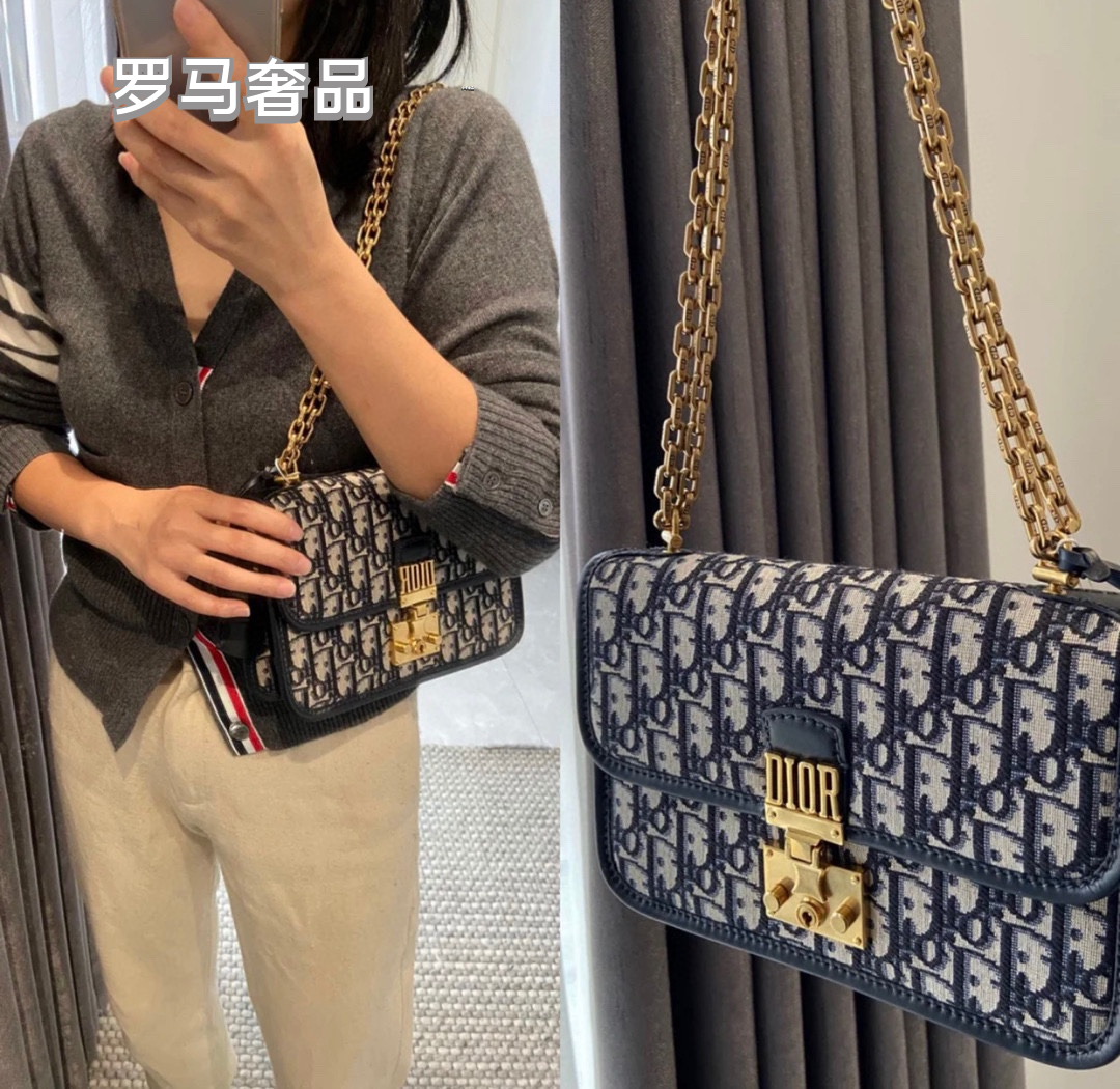 Dior Addict Flap Bag Blue Oblique Jacquard with Gold-Finish Hardware