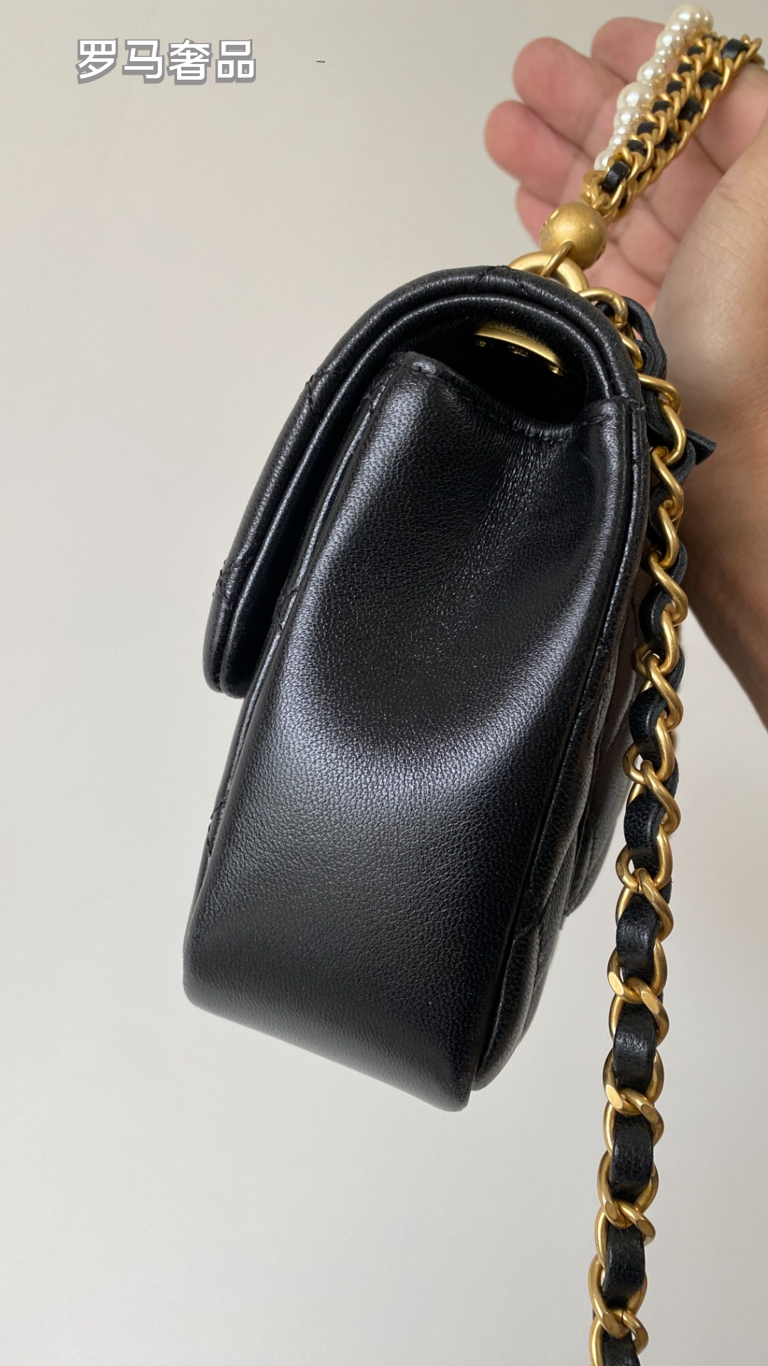 Chanel Quilted Mini Flap Bag with Pearl and Chain Strap, Black Lambskin