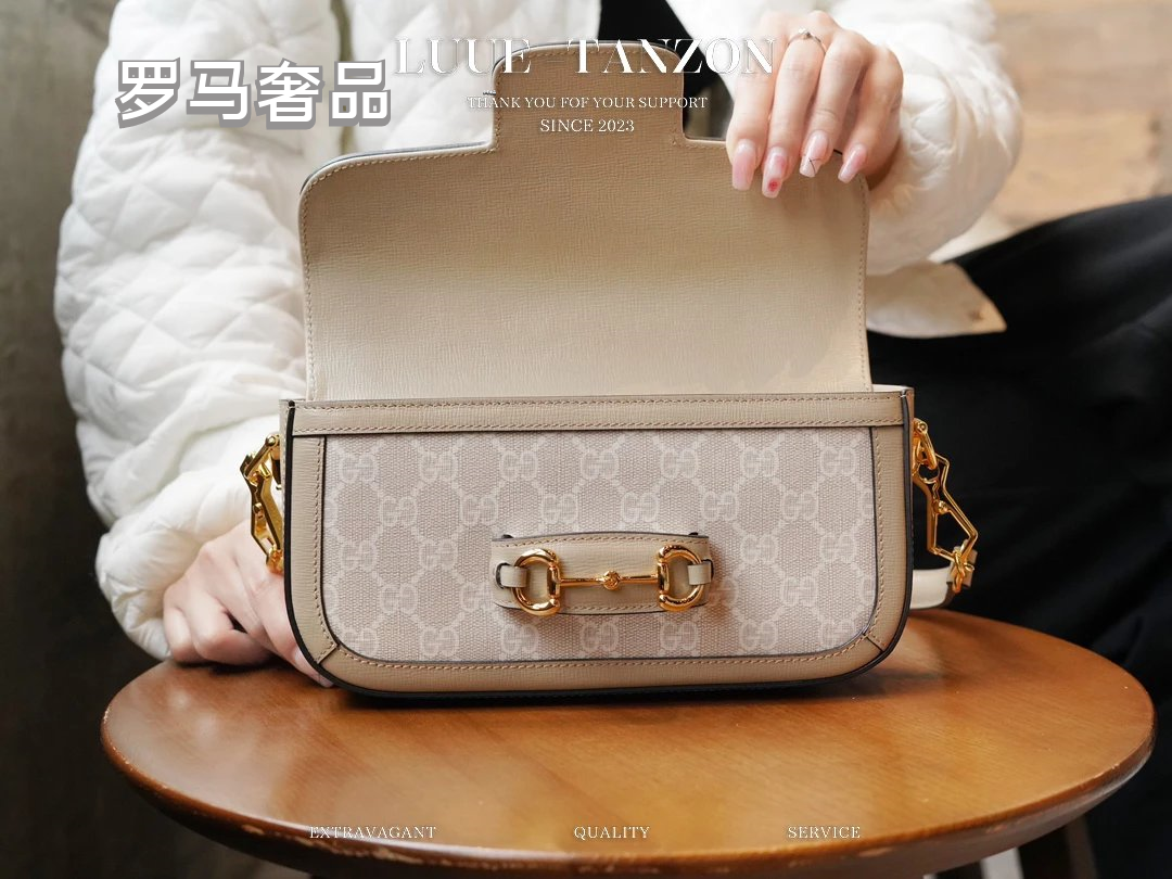 LULU LANZOX Women's Monogram Horsebit Shoulder Bag - Cream/Beige Luxury Crossbody