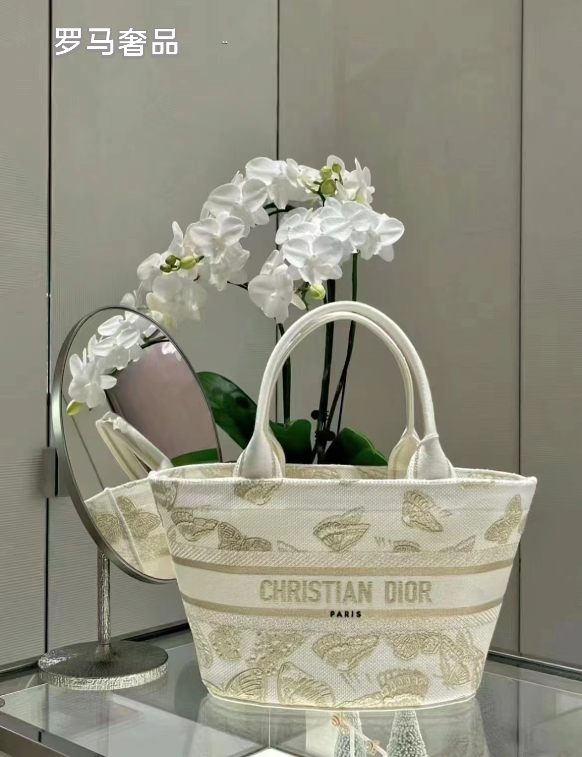Christian Dior Small Canvas Tote Bag with Butterfly Print - White/Gold