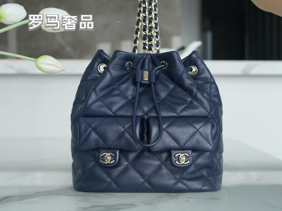 Chanel Navy Quilted Lambskin Leather Backpack with Silver-Tone Hardware