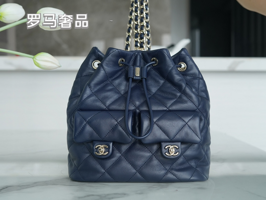Chanel Navy Quilted Lambskin Leather Backpack with Silver-Tone Hardware