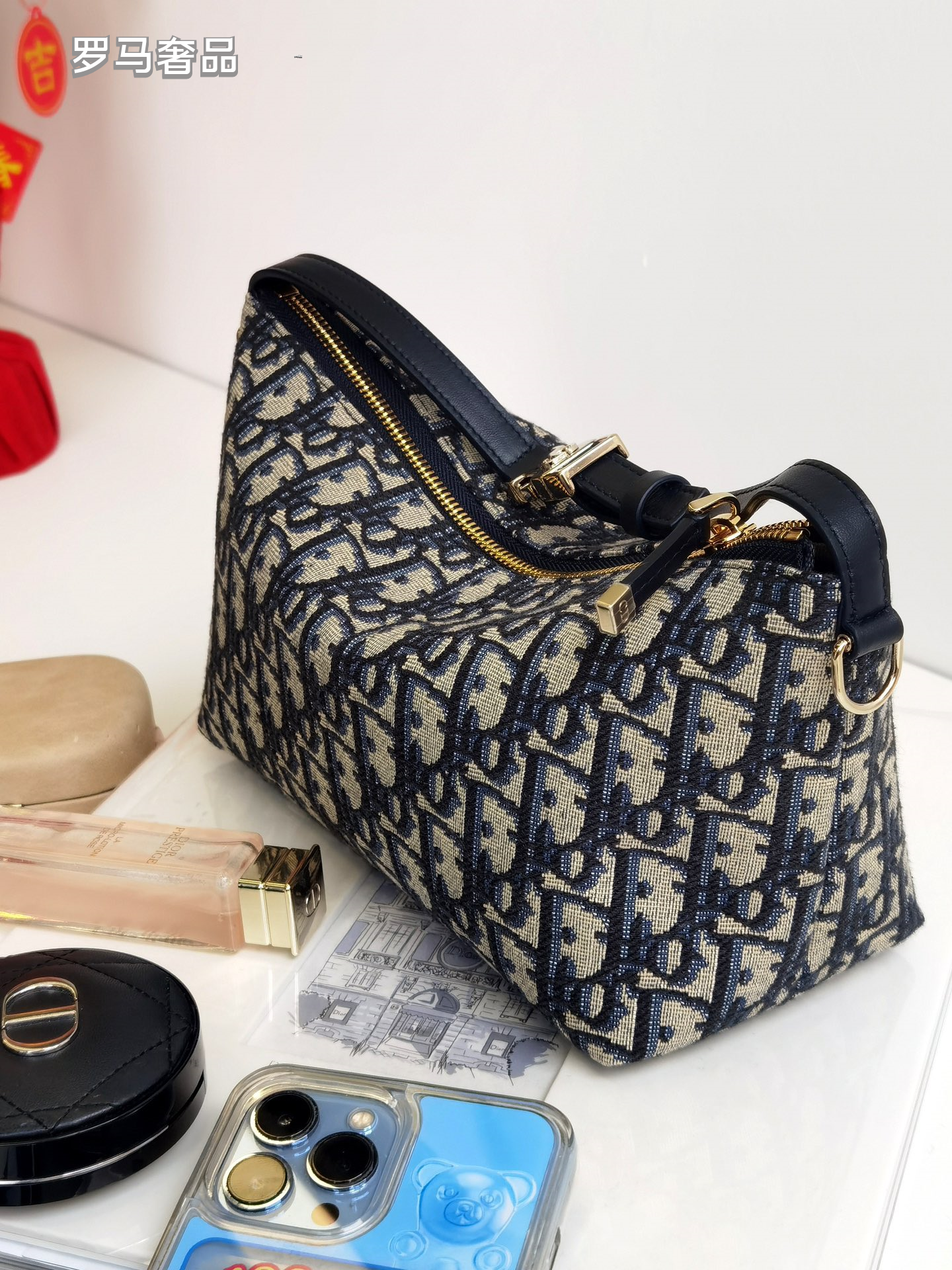 Vintage Inspired Monogram Canvas Shoulder Bag with Adjustable Strap - Navy Blue & Grey