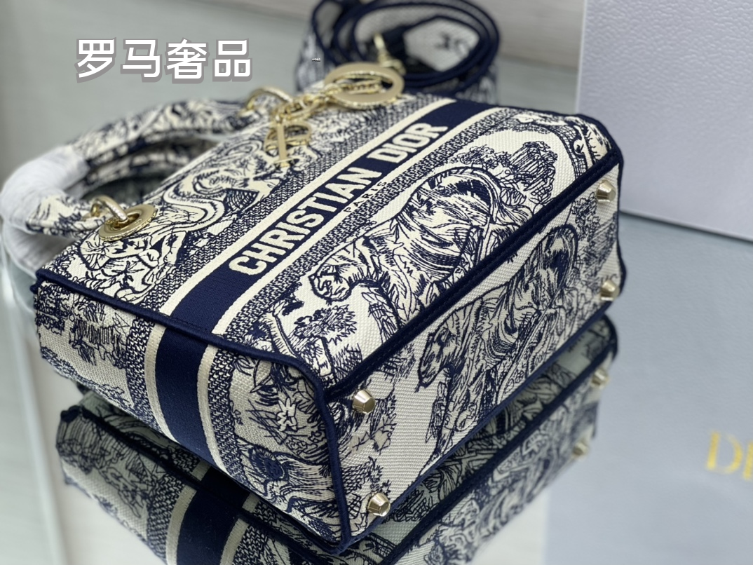 Christian Dior Lady D-Lite Medium Handbag - Grey Embroidered Toile de Jouy