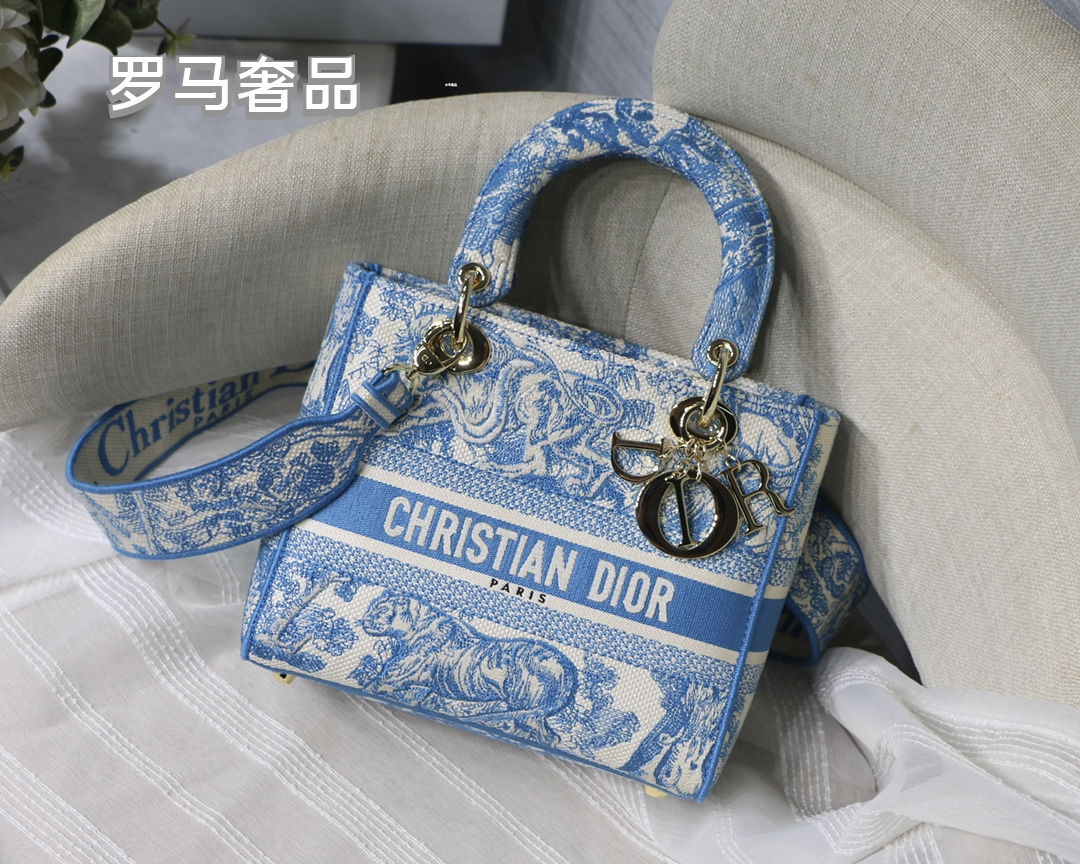 Christian Dior Lady D-Lite Medium Handbag - Grey Embroidered Toile de Jouy