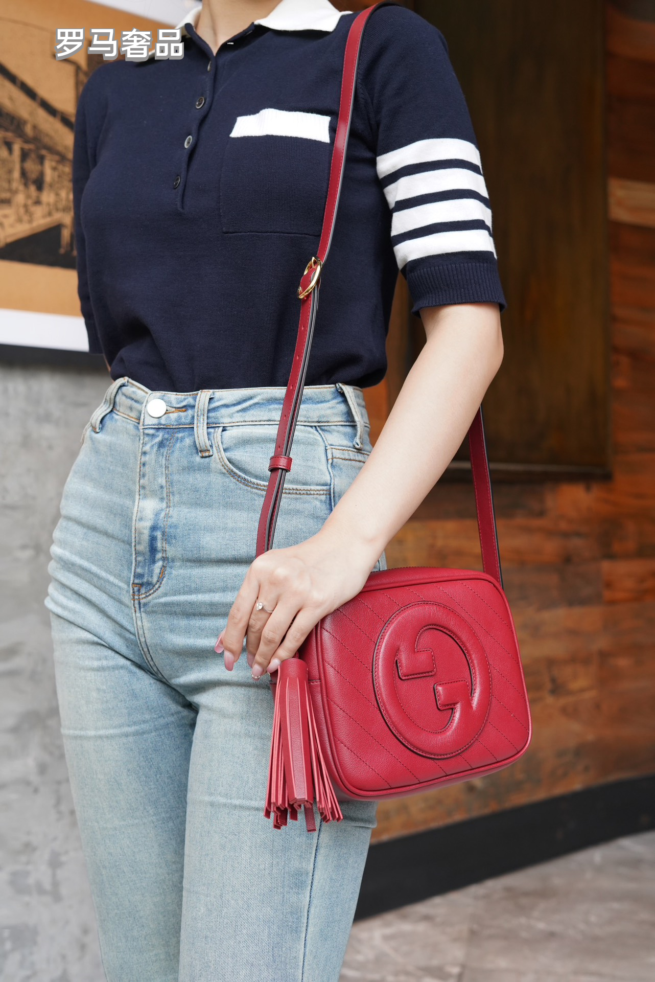 Gucci Red Leather Crossbody Camera Bag with Embossed Logo and Tassel