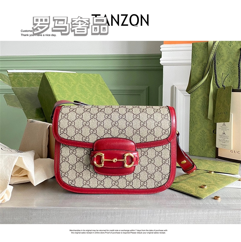 Designer GG Supreme Horsebit Shoulder Bag - Red Leather &amp; Monogram Canvas