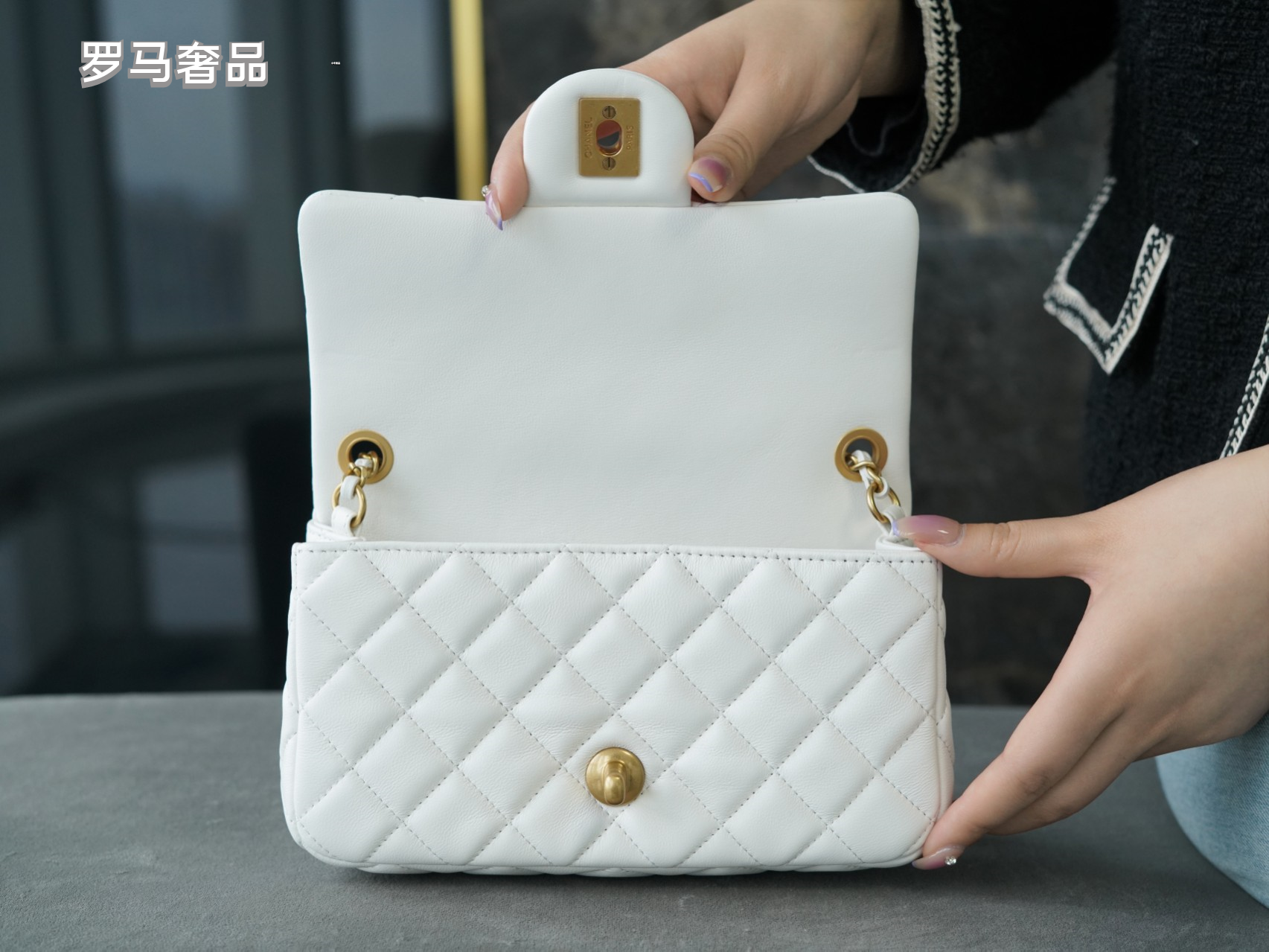 White Quilted Lambskin Mini Flap Bag with Gold-Tone Hardware