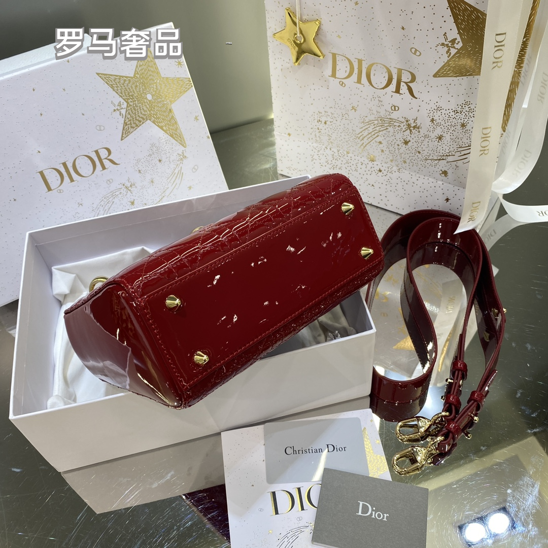 Christian Dior Micro Lady Dior Bag - Red Cannage Patent Calfskin with Gold-Finish Metal