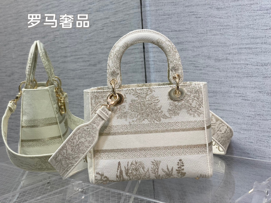 Christian Dior Lady D-Lite Medium Handbag - White and Gold-Tone Embroidered Canvas