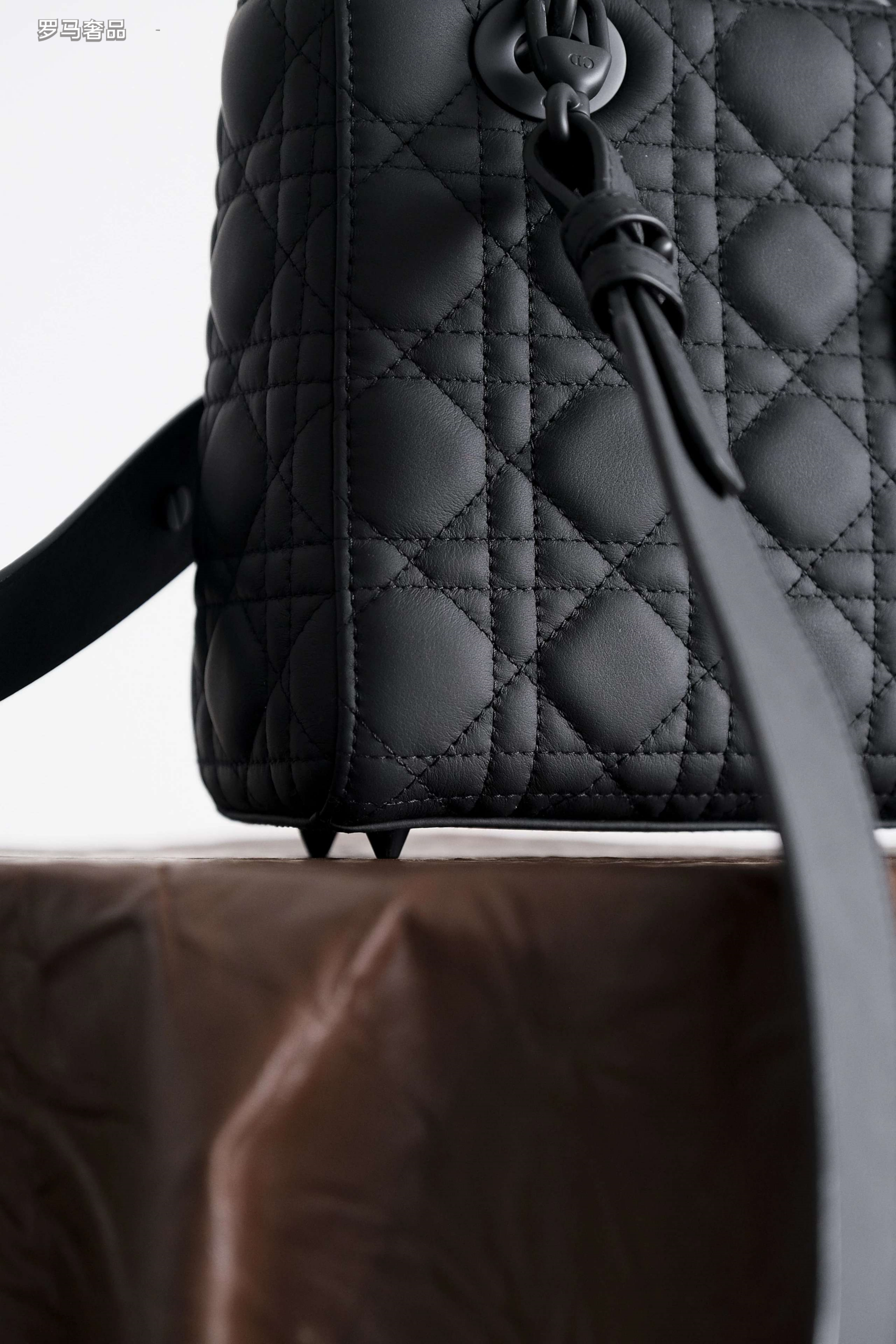 Lady Dior Style Ultra Matte Black Quilted Handbag with Shoulder Strap