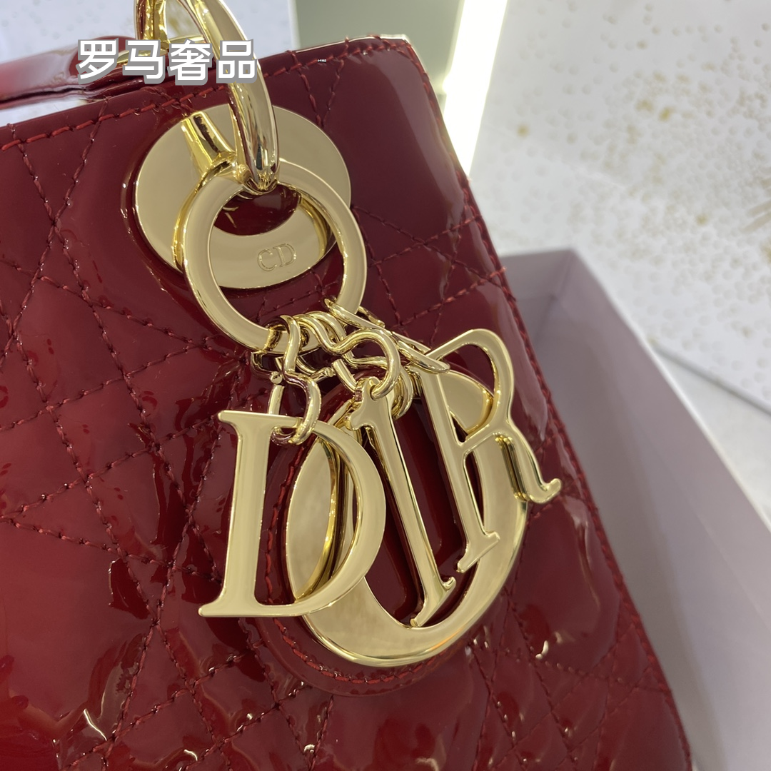 Dior Elegant Red Quilted Patent Leather Mini Top Handle Handbag