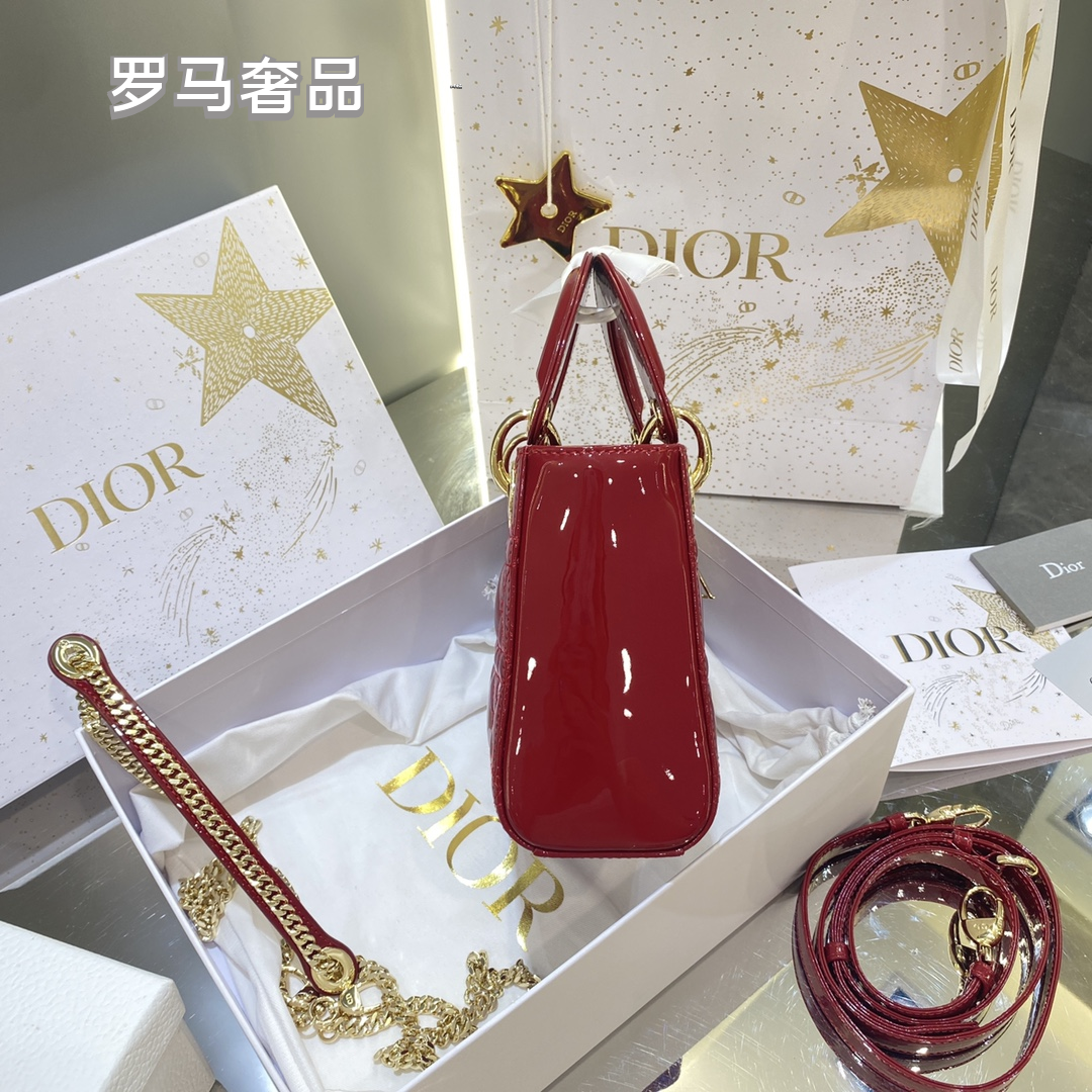 Christian Dior Micro Lady Dior Bag - Red Cannage Patent Calfskin with Gold-Finish Metal