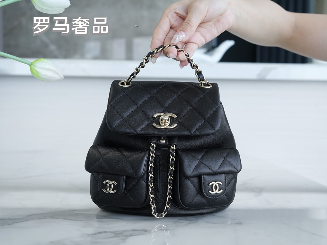 Chanel Quilted Lambskin Duma Backpack - Black with Gold-Tone Hardware