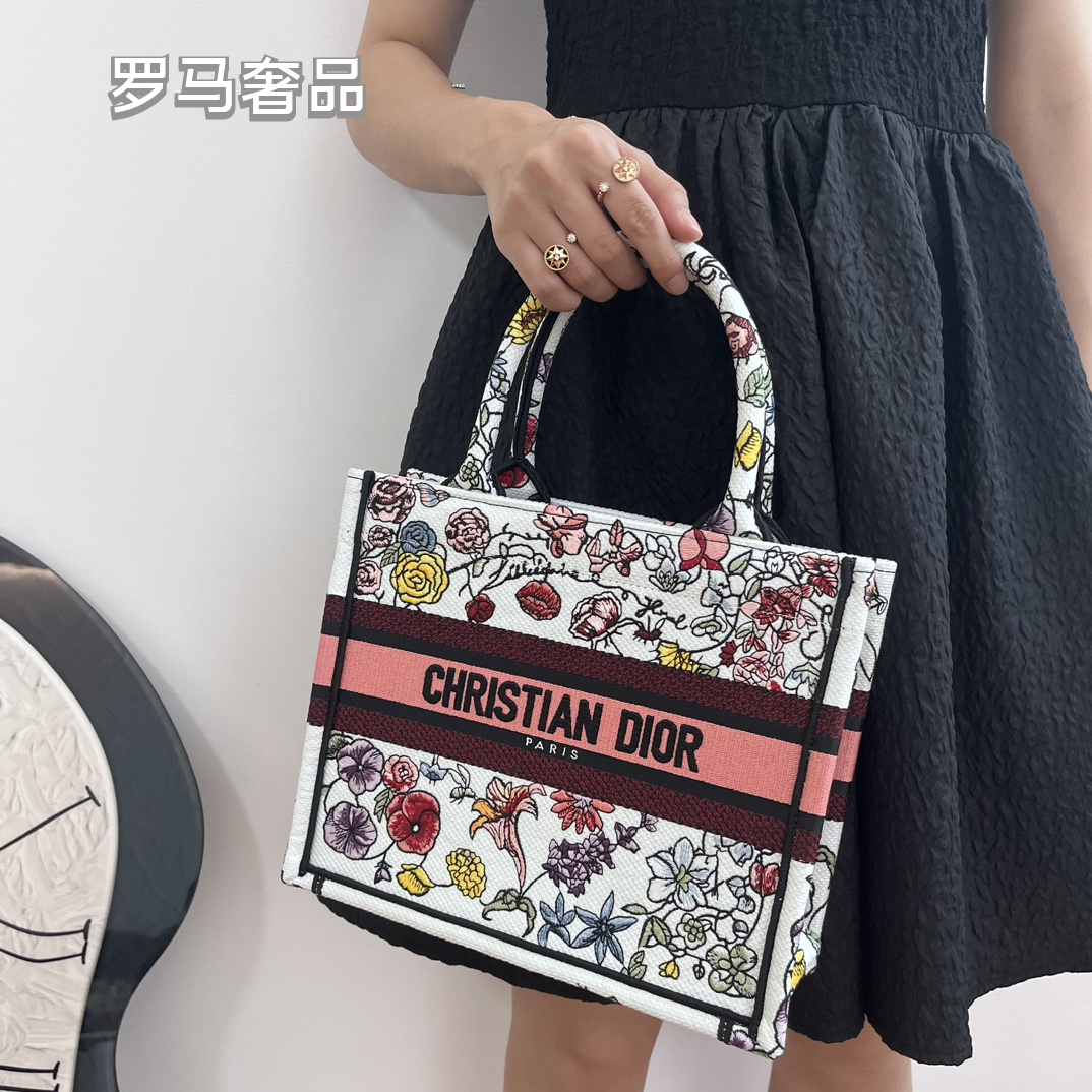 Dior Vintage Floral Embroidered Canvas Tote Bag Top Handle Handbag