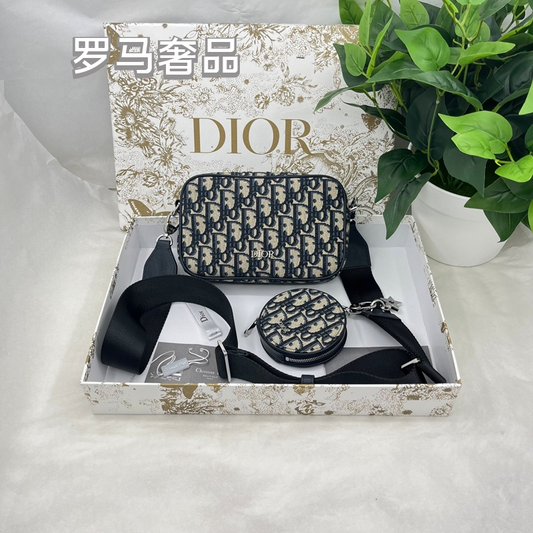 Christian Dior Oblique Jacquard Shoulder Bag with Round Pouch - Black/Grey
