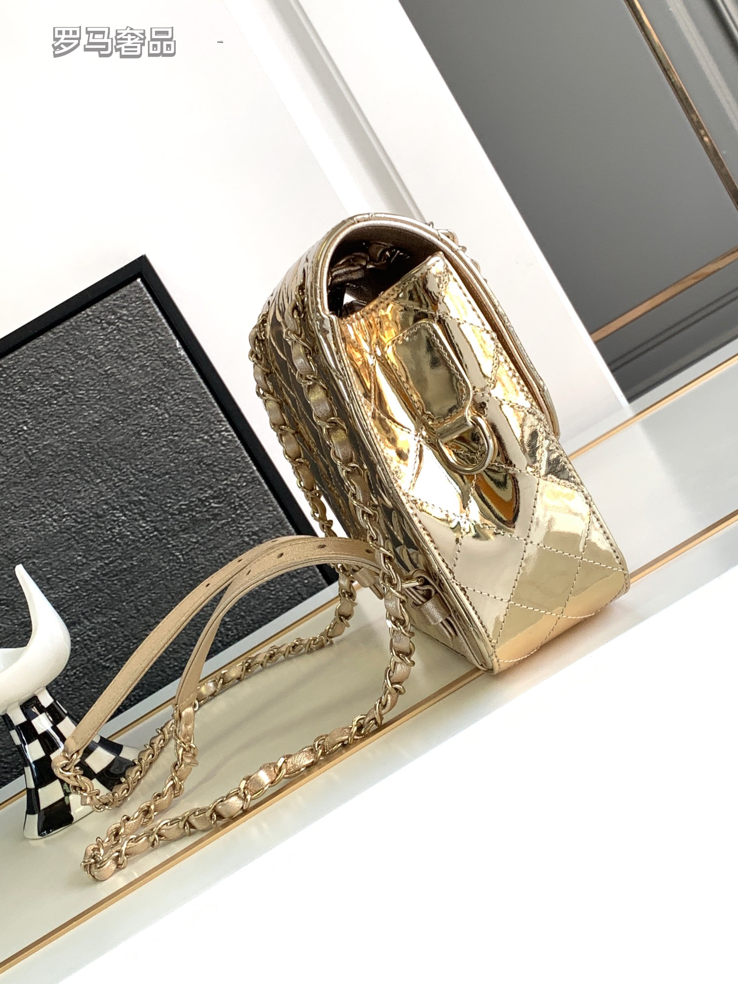 Gold Metallic Quilted Crossbody Flap Bag with Star Charm